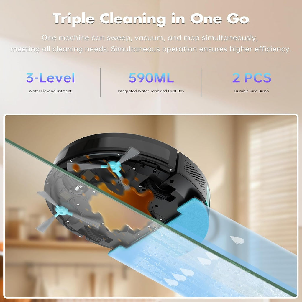 ECOHOME Robot Vacuum and Mop Combo,3500Pa Powerful Suction, with Wi-Fi/App/Remote,2 in 1 Mopping Robot Vacuum Cleaner,Dustbin and Watertank, for Pet Hair,Hard Floors and Low Pile Carpet Black