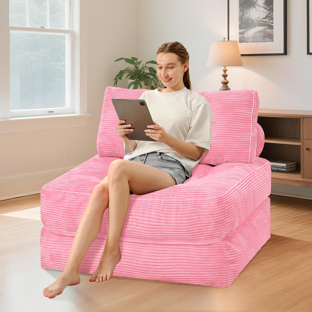HABUTWAY Folding Sofa Bed, Convertible Sleeper Chair Bed w/Dual-Pillow & Handle, Foldable Floor Sofa Lounge w/Back Support for Living Room, Bedroom, Apartment, Office, Single, Pink