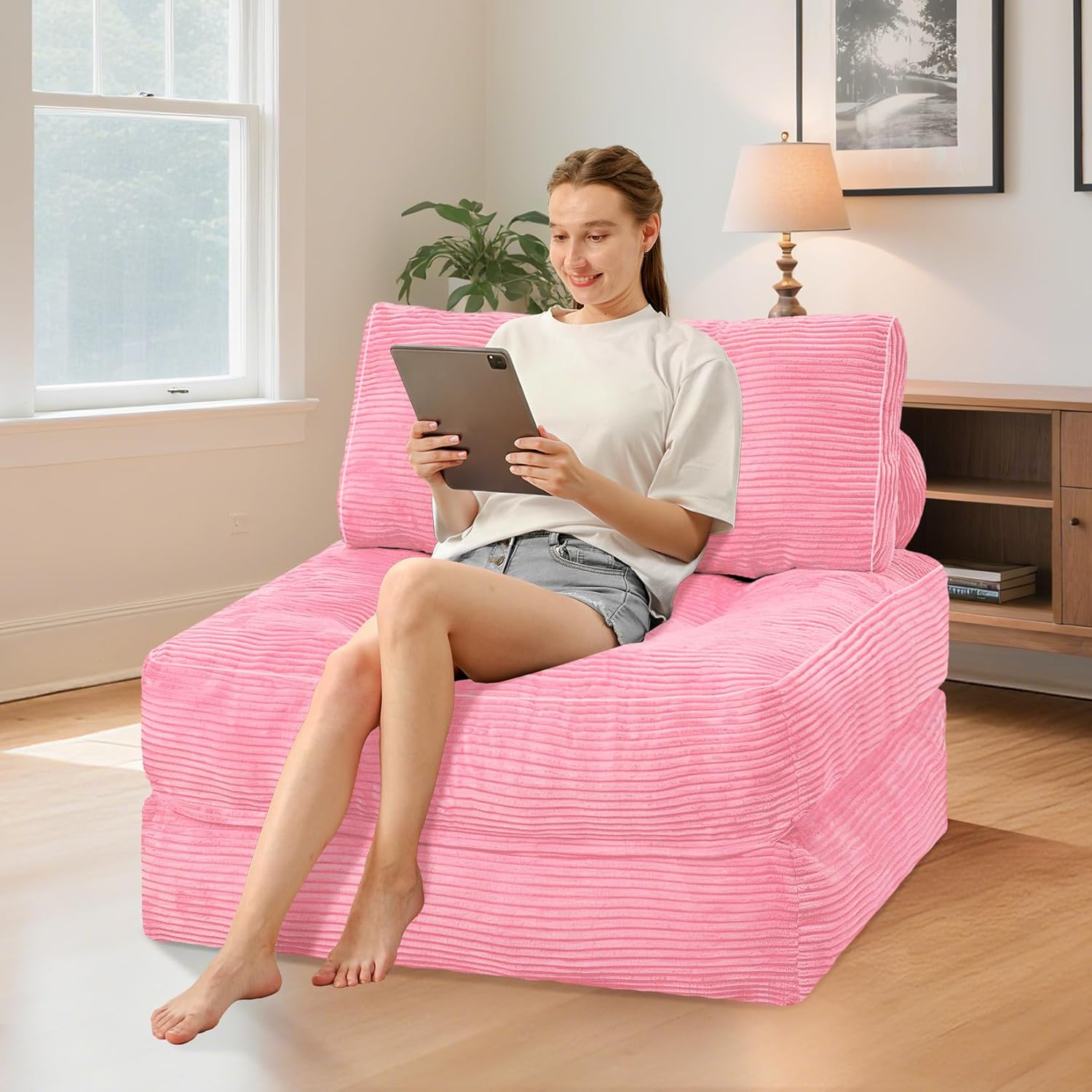 HABUTWAY Folding Sofa Bed, Convertible Sleeper Chair Bed w/Dual-Pillow & Handle, Foldable Floor Sofa Lounge w/Back Support for Living Room, Bedroom, Apartment, Office, Single, Pink