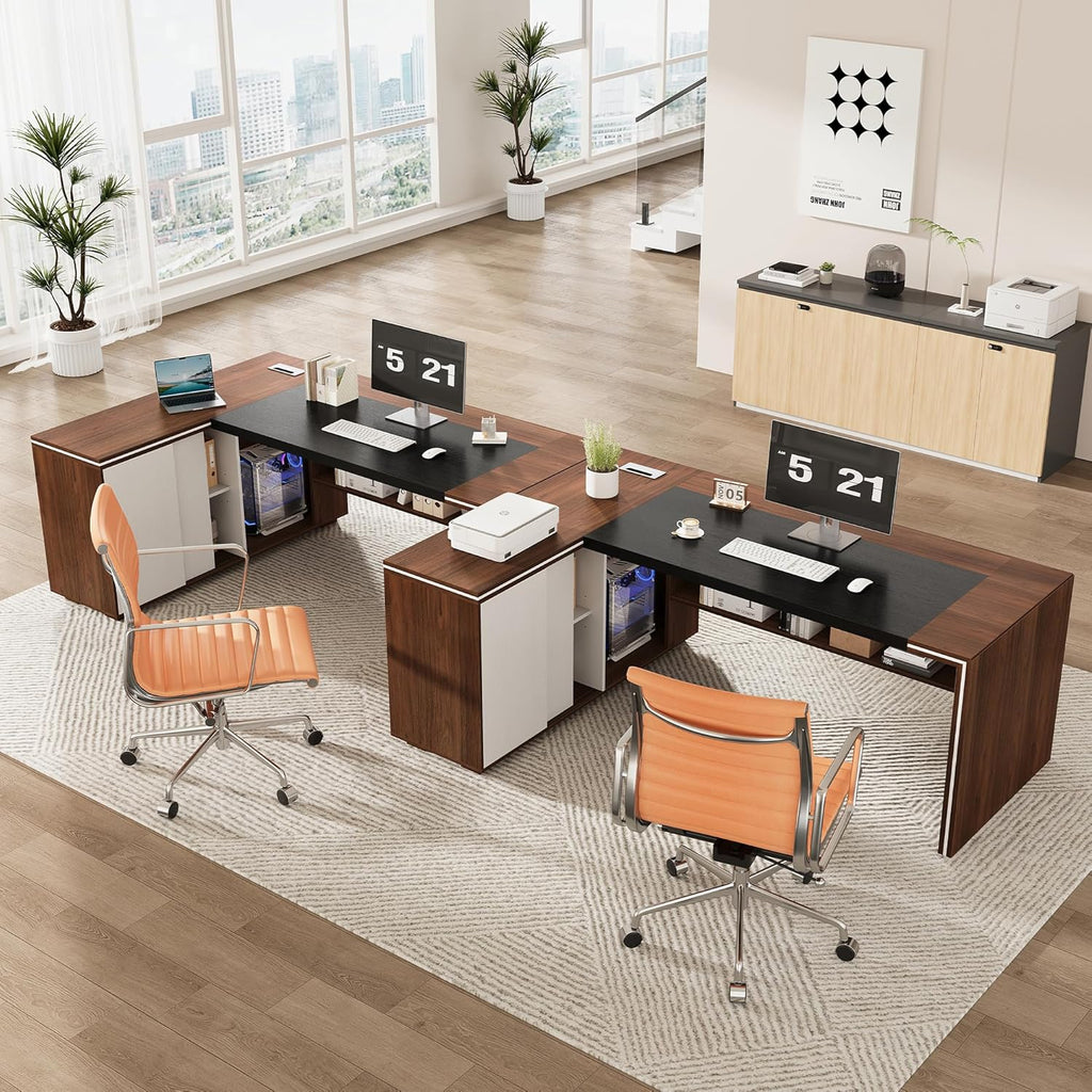 71" L-Shaped Executive Desk with Cabinet Storage, Large Office Computer Desk with Storage Shelves, Under-Desk Bookshelf, CPU Stand, Cable Management, Business Furniture Workstation (Brown)