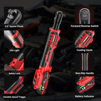 20V Cordless Ratchet Wrench 3/8" Set, 88 Ft-lbs(120N.m), 500 RPM, Electric Ratchet Wrench with 2PCS 2000mAh Batteries, Variable Speed, LED Light, 5 Sockets, 1/2" Adapter, 3" Extension Bar