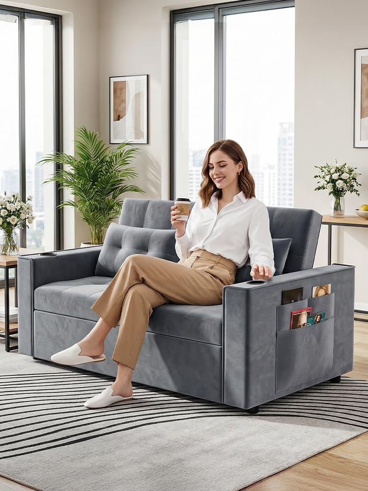 3-in-1 Pull Out Sofa Bed with Charging Station, Cup Holder & Side Storage - 70" Multi-Functional Recliner Sofa Bed for Home Living Room Grey 2
