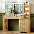 51" Vanity Desk with Power Outlet, Makeup Vanity with Mirror and Lights, 3 Lighting Modes, Vanity Table with Glass Top, 5 Drawers, and Jewelry Storage,Oak-1