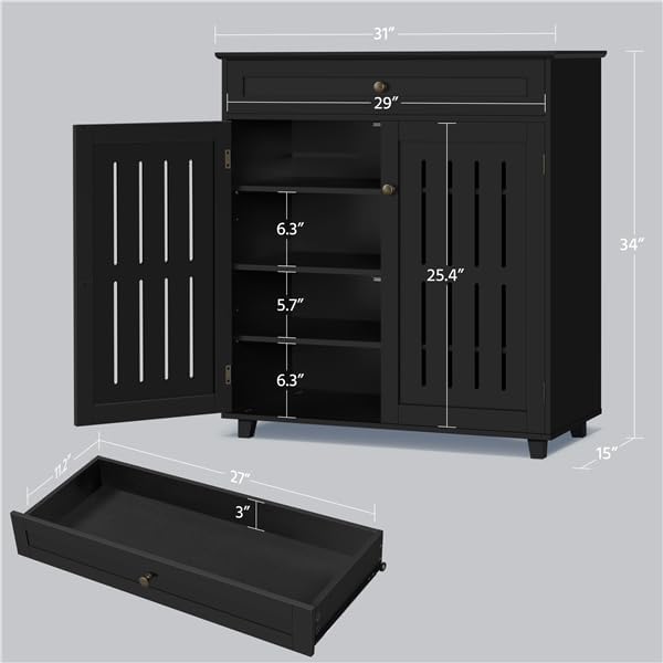 Yaheetech Shoe Cabinet, 4-Tier Shoe Storage Cabinet with Drawer & Adjustable Shelves, Shoe Rack Cabinet for Entryway, Hallway, Living Room, Black