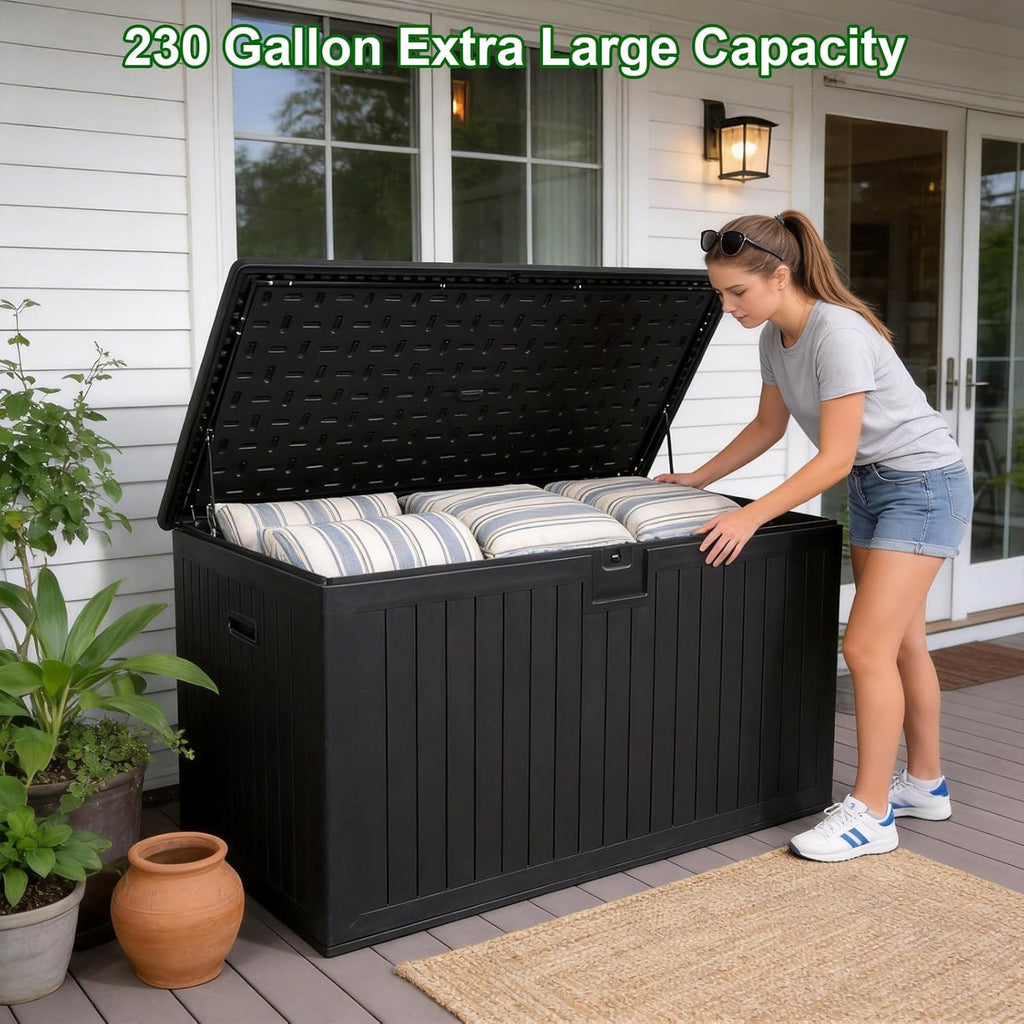 230 Gallon Outdoor Storage Box Waterproof, Extra Large Plastic Outside Deck Box Weatherproof, Resin Patio Storage Bin with Lock and Lids for Pool Equipment, Cushion, Black
