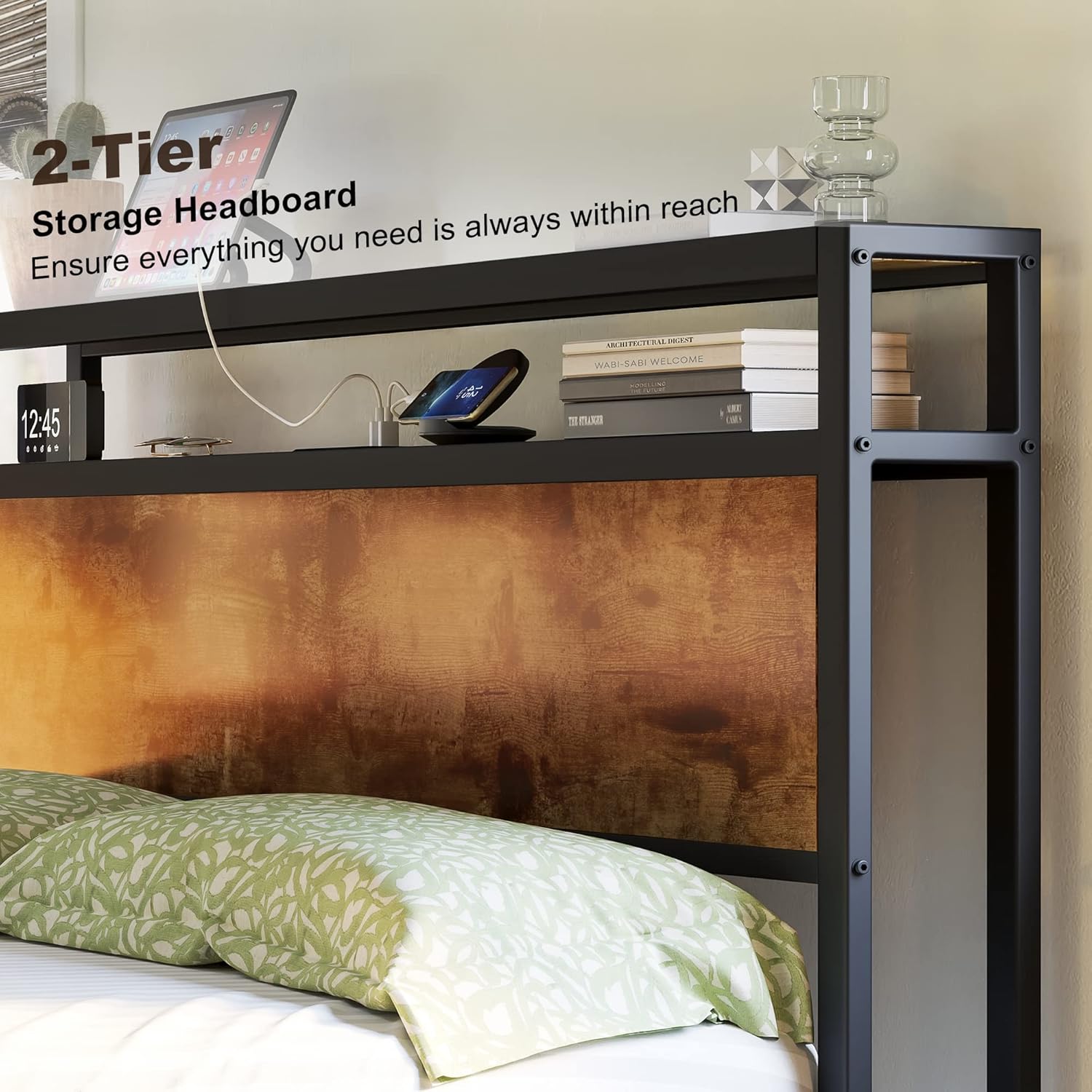 Queen Size Bed Frame, Platform Bed Frame with 2-Tier Storage Headboard and Charging Station/No Box Spring Needed/Noise Free/Industrial/Rustic Brown