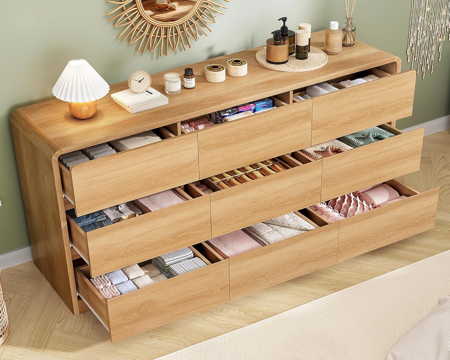 TEENFON 9 Drawer Dresser for Bedroom, 63" Wide Dressers & Chest of Drawers with Curved Profile Design, Wood Closet Storage Dressers Organizer for Bedroom, Living Room, Natural