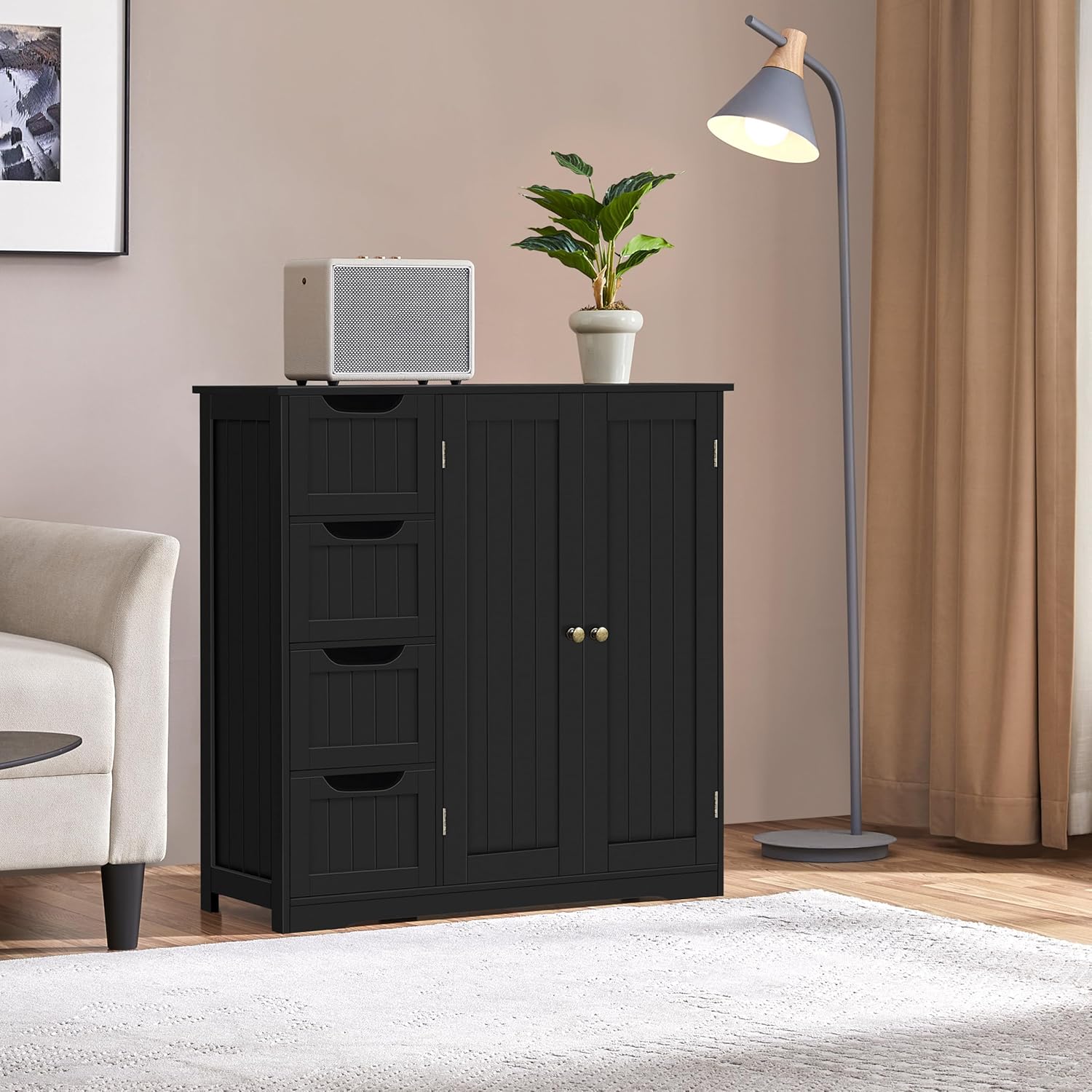 Yaheetech Wooden Bathroom Floor Cabinet, Side Storage Organizer Cabinet with 4 Drawers & Double Doors, Freestanding Entryway Storage Unit Console Table, Bathroom Furniture Home Decor, Black
