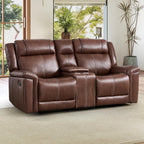 EBELLO Faux Leather Recliner Loveseat Sofa, Manual Reclining Couch, Mid-Century Modern 2-Seater Chair with Handy Cup Holders and Storage Space, for Living Room, Meeting Room, Brown