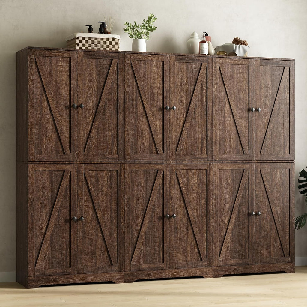 Kitchen Pantry Cabinet, 72” Tall Farmhouse Storage Cabinet with 4 Barn Doors and Adjustable Shelves, Pantry Storage for Kitchen, Living Room, Brown