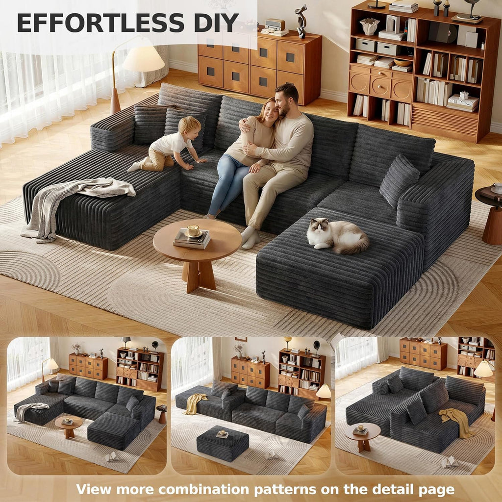 134.6" Modular Sectional Sofa with Deep Seat, Boneless U Shaped Corduroy Couch Modern Comfort, Cloud Couch Oversized for Living Room No Assembly (Gray)