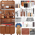 Leather Working Tooling Kit All-in-One Set Leatherworking Crafting Tools with Apron Custom Handbag Cutting Mats Stamping Engraving Punching Sewing Sanding Tools for Leather Making Repair Professional