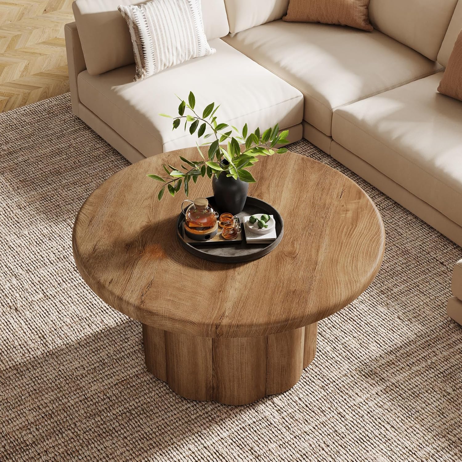 Tribesigns 31.5" Round Coffee Table for Living Room, Farmhouse Circle Center Cocktail Table with Fluted Drum Base, Wooden Living Room Furniture for Apartment, Small Space, Brown