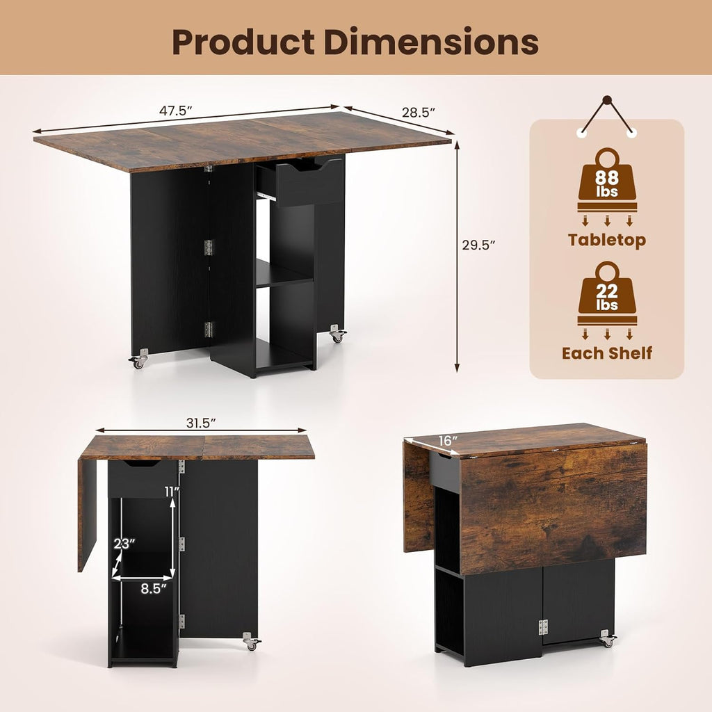 Giantex 47.5" Folding Dining Table for 2-4, Drop Leaf Wooden Dinner Table with 2-Tier Storage Shelf and Drawer, Lockable Wheels, Space Saving Kitchen Tables for Dinette, Small Space (Black+Brown)