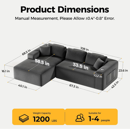 108” Cloud Sectional Couch in One Box, Compressed Modular Sectional Sofa with Deep Seat, Corduroy Boneless Couches, L-Shaped Sofa for Living Room, 4 Storage Pockets(Left Facing Chaise, Grey)