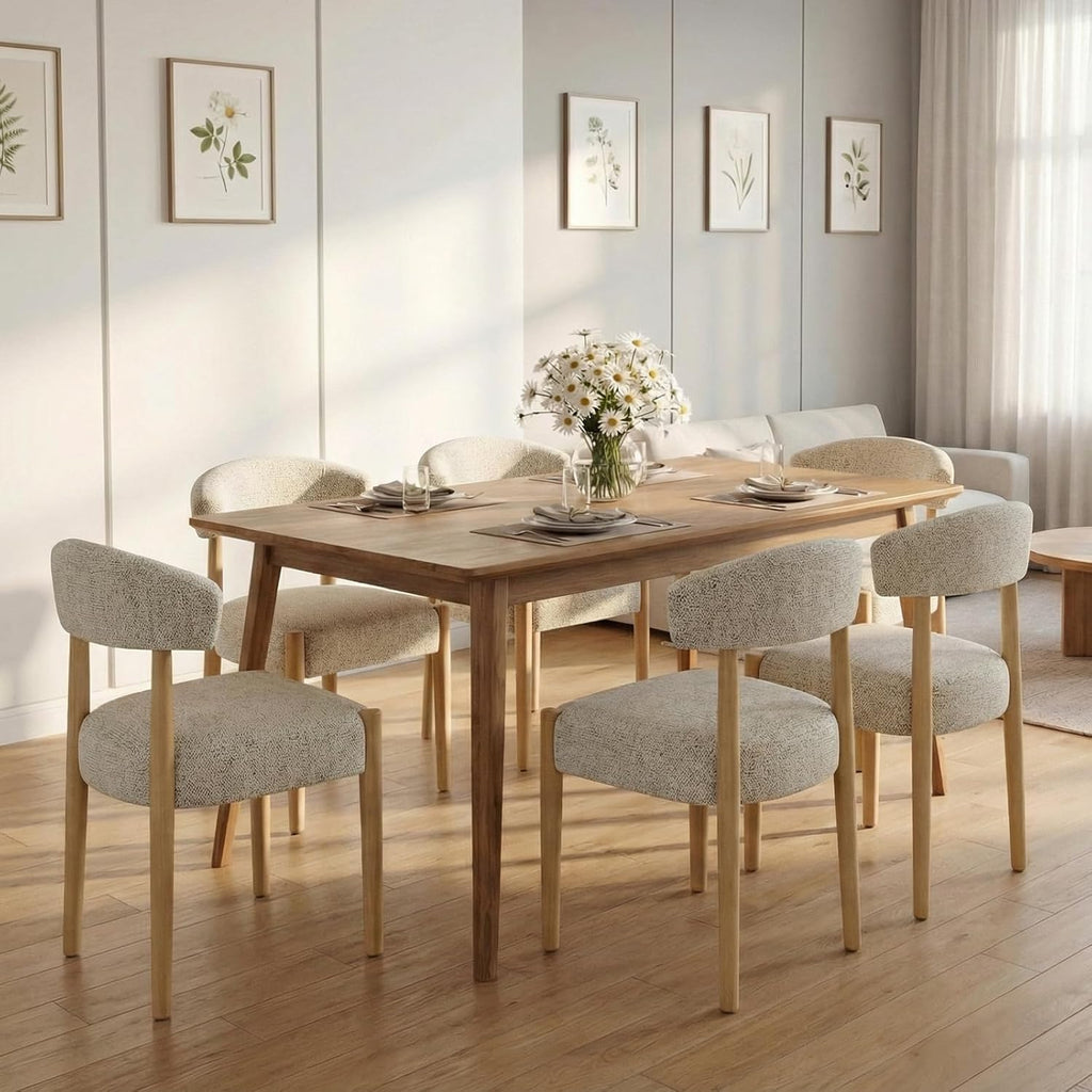 VKNOW Wooden Dining Chairs Set of 4, Modern Upholstered Dining Room Chairs with Rubberwood Legs and Curved Backrest, Fabric Kitchen Chairs for Farmhouse/Living Room/Dining Room, Heathered Off-White