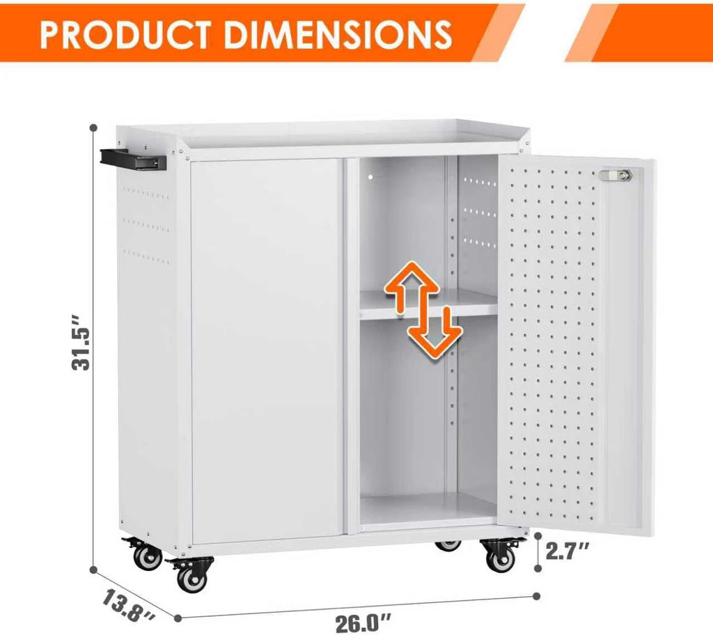 Garage Storage Cabinet with Wheels,Lockable Metal Storage Cabinet on Wheels, Pegboard for Garage Home Warehouse, Assembly Required, White,13.8 "D x 26" W x 31.5" H