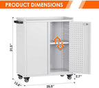 Garage Storage Cabinet with Wheels,Lockable Metal Storage Cabinet on Wheels, Pegboard for Garage Home Warehouse, Assembly Required, White,13.8 "D x 26" W x 31.5" H