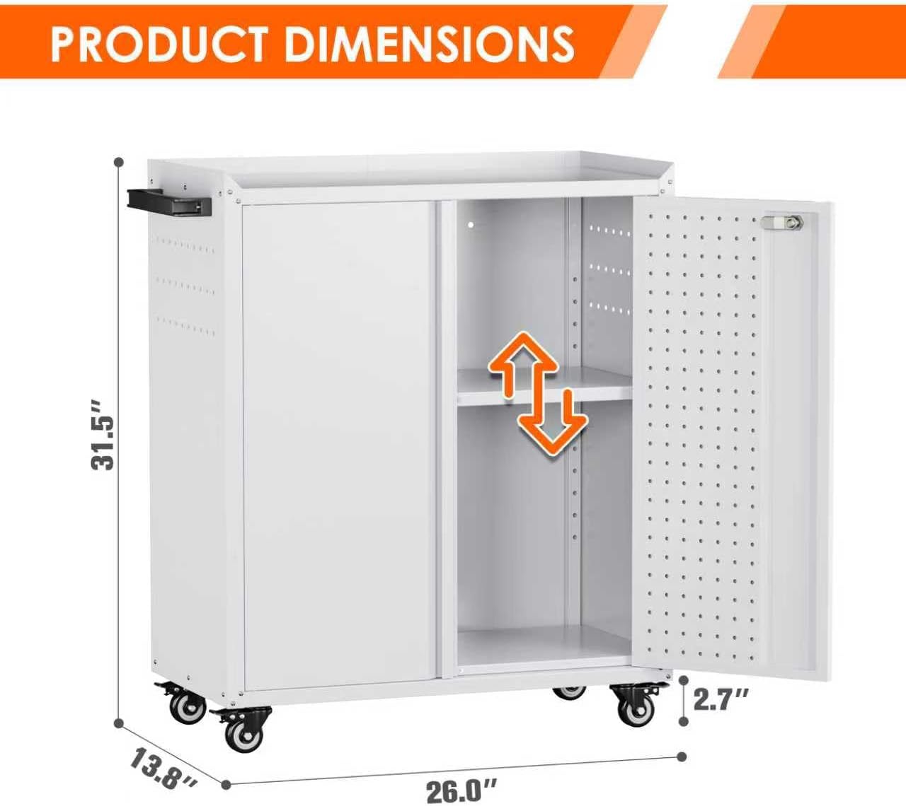 Garage Storage Cabinet with Wheels,Lockable Metal Storage Cabinet on Wheels, Pegboard for Garage Home Warehouse, Assembly Required, White,13.8 "D x 26" W x 31.5" H