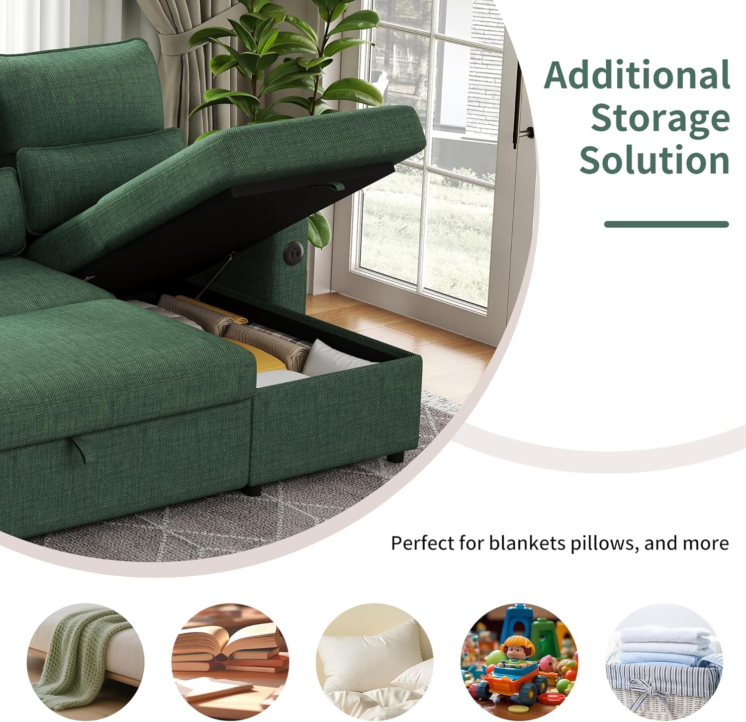 Sectional Sleeper Sofa with Pull Out Couch Bed, with Storage Chaise for Living Room, Comfy Linen Modular Sectional Sofa with Dual USB & Type-C, Cup Holders (Green, 81 Inches)