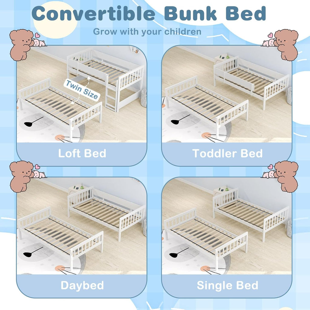 Giantex Wood Bunk Bed Twin Over Twin, Solid Wood Bunk Bed Frame with Ladder & Safety Guardrails, Space-Saving Convertible Bunk Beds for Kids Teens Juniors, Can Be Divided Into Two Twin Beds, White