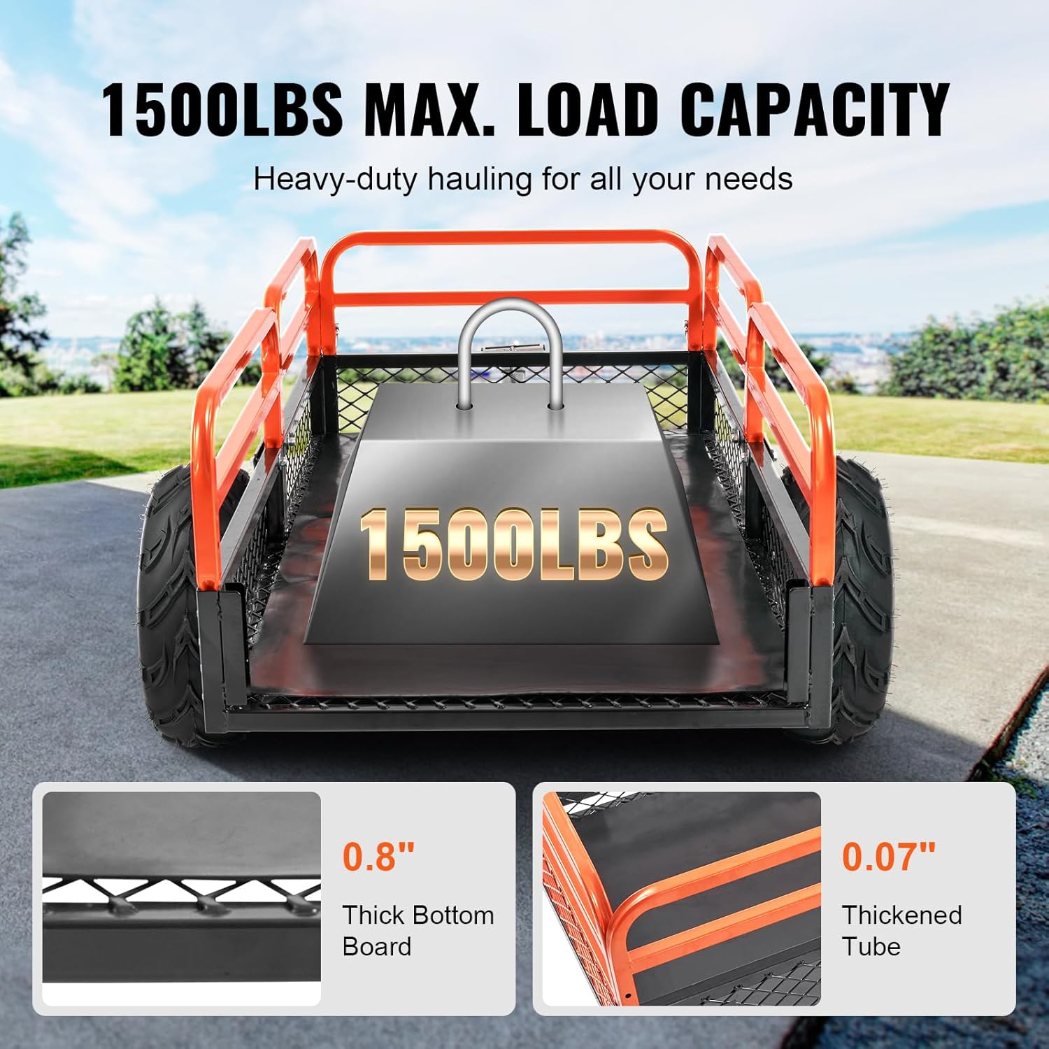 VEVOR ATV UTV Trailer Tow Behind Dump Cart  1500lbs 15 Cubic Feet  Heavy Duty Yard Garden Trailer Pull Behind Dump Trailer for Lawn Mower Tractor