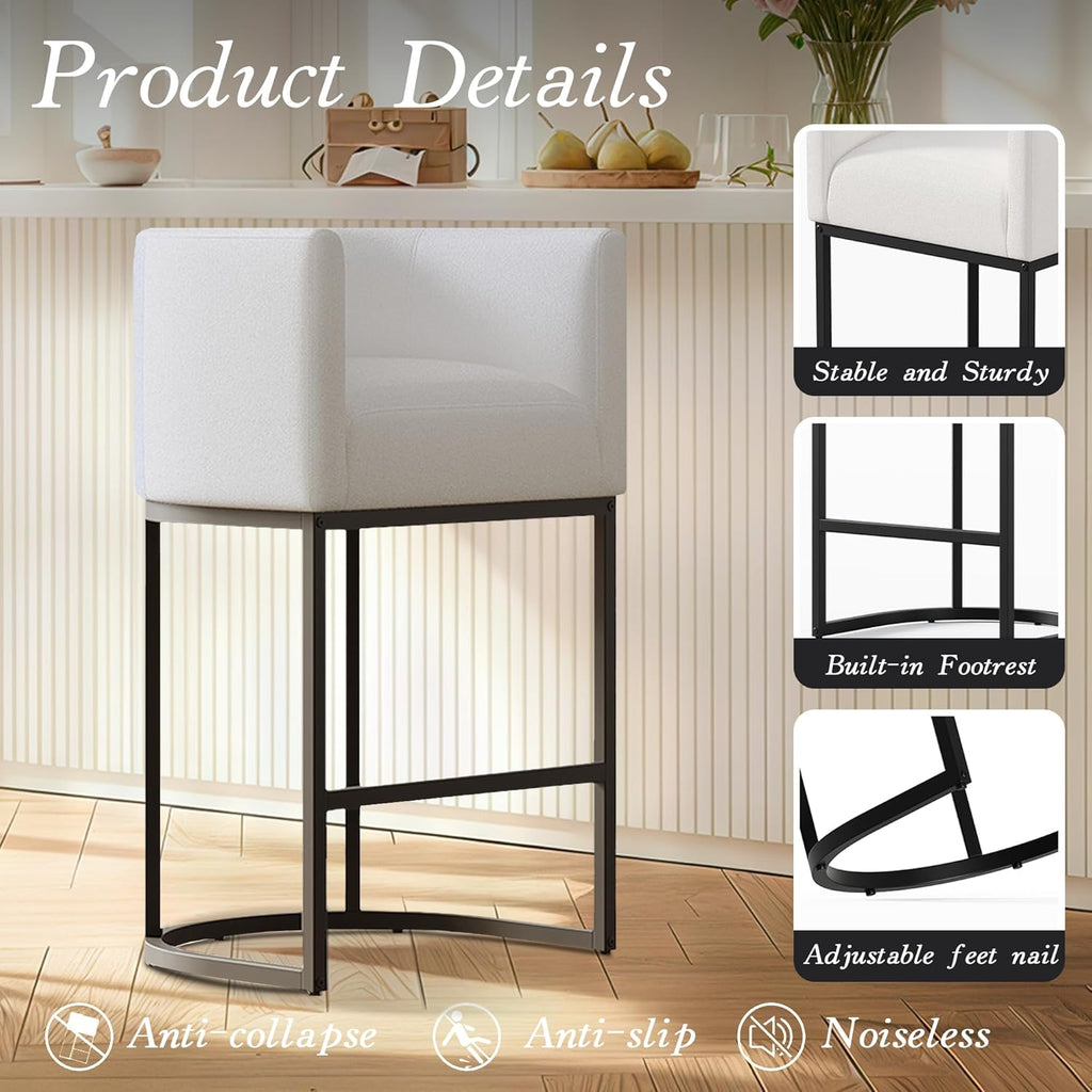 Modern Counter Height Bar Stools,Bar Stools Set of 3,Fabric Upholstered Barrel Barstools with Backs,26'' Kitchen Island Chairs,Metal Black Frames,Snowy White Linen