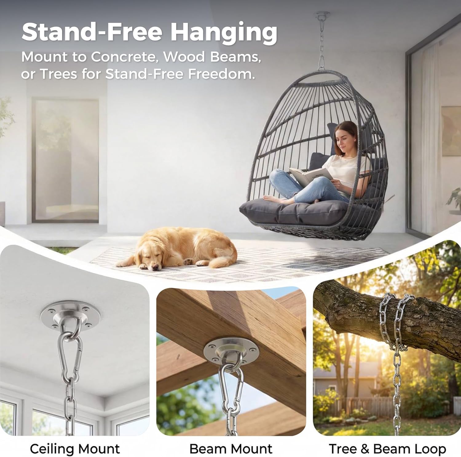 Nicesoul Patio Hanging Egg Chair No Stand, Foldable Ceiling Egg Basket Chairs Without Stand Indoor Outdoor, 350lbs Egg Shell Swing Hammock Chair with Cushion for Backyard, Balcony, Outside, Dark Grey