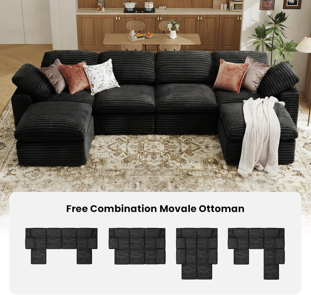 KKL 150" U Shaped Sectional Modular Boneless Sofa, 6 Seater Cloud Couch with Ottoman, Corduroy Sectional Couches for Living Room Bedroom, Black