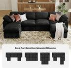 KKL 150" U Shaped Sectional Modular Boneless Sofa, 6 Seater Cloud Couch with Ottoman, Corduroy Sectional Couches for Living Room Bedroom, Black