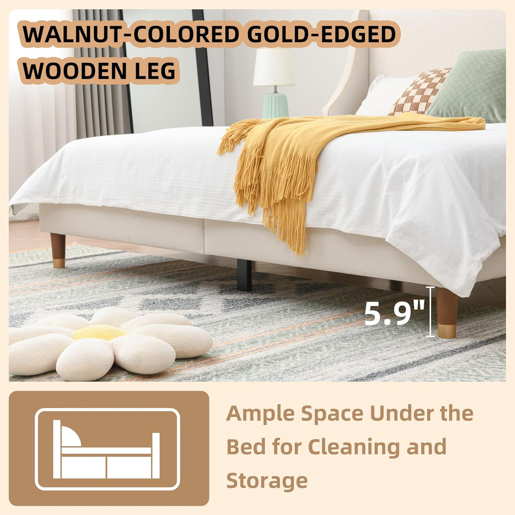 King Size Upholstered Platform Bed Frame with Wingback Headboard, Linen Fabric & Wooden Slats Support, Modern Golden PVC Material Edge for Bedroom,No Box Spring Needed, Easy to Assemble, Beige