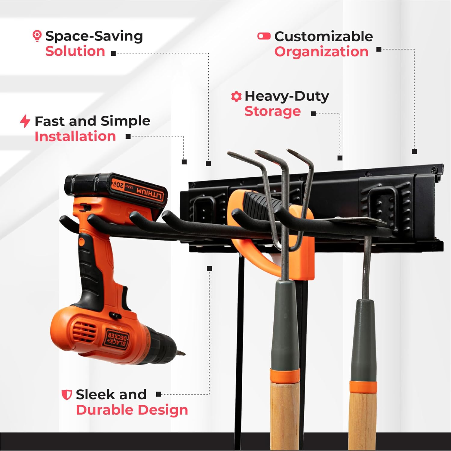 TIDYME Garage Tool Organizer Wall Mount - 80 inches - Sturdy Storage Rack with Adjustable Hooks, Anti-Rust - Easy Installation, 500lbs Capacity - Garden Tool Organizer (05 Racks & 10 Hooks)