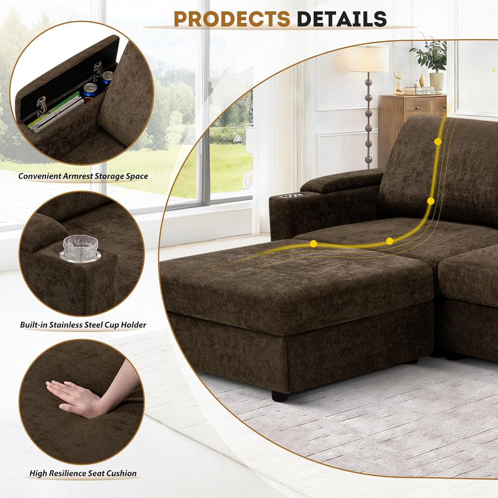 108'' Chenille Sectional Couch with Storage Armrests,L Shaped Upholstered Sofa with Movable Ottoman, 4-Seat Modular Couch with Cup Holders for Living Room, Brown