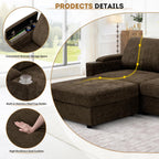 108'' Chenille Sectional Couch with Storage Armrests,L Shaped Upholstered Sofa with Movable Ottoman, 4-Seat Modular Couch with Cup Holders for Living Room, Brown