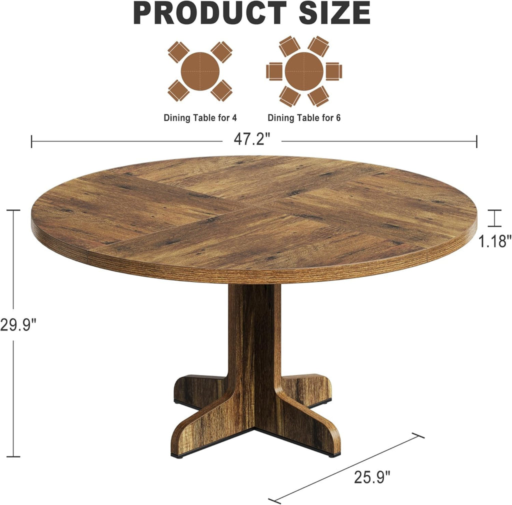 IDEALHOUSE Round Dining Table for 4, 47 Inches Circle Dining Room Table with Wooden Base for Kitchen, Living Room (Table Only), Brown