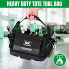 SK 15-Inch Open Top Tool Bag, Heavy Duty Tool Tote with 28 Pockets, Tool Bag Organizer with Padded Shoulder Strap and Ergonomic Handle, 1680D Fabric with Waterproof Hard Base