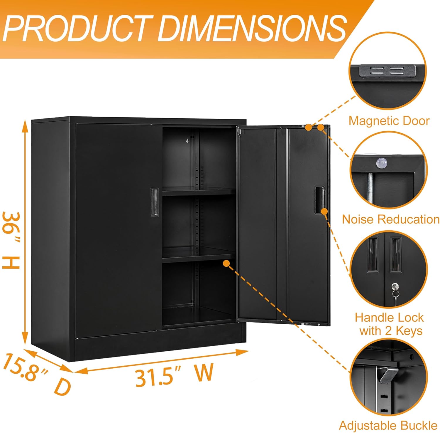 BESFUR Metal Garage Storage Cabinet with 2 Locking Doors and 2 Adjustable Shelves, 36" Black Metal Short Storage Cabinet for Home Office,Garage,School,Utility Room
