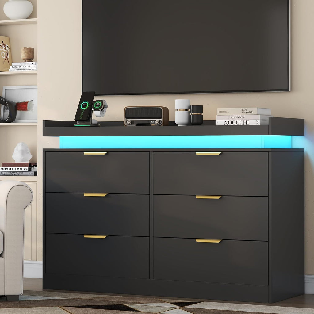 6 Drawer Dresser for Bedroom, Black Dresser with LED Lights and Power Outlet, Wooden Dressers Chests of Drawers, Double Wide Dressers for Bedroom, Entryway, Hallway