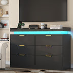 6 Drawer Dresser for Bedroom, Black Dresser with LED Lights and Power Outlet, Wooden Dressers Chests of Drawers, Double Wide Dressers for Bedroom, Entryway, Hallway