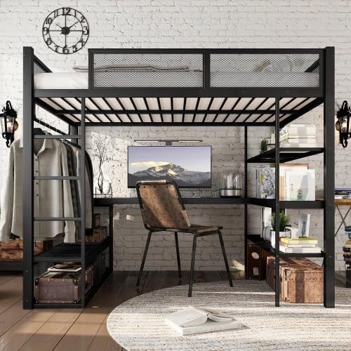 Bellemave Queen Size Loft Bed with Storage Shelves & Hanging Rod, Metal Queen Loft Bed Frame with Desk for Kids Teens, Black