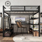 Bellemave Queen Size Loft Bed with Storage Shelves & Hanging Rod, Metal Queen Loft Bed Frame with Desk for Kids Teens, Black