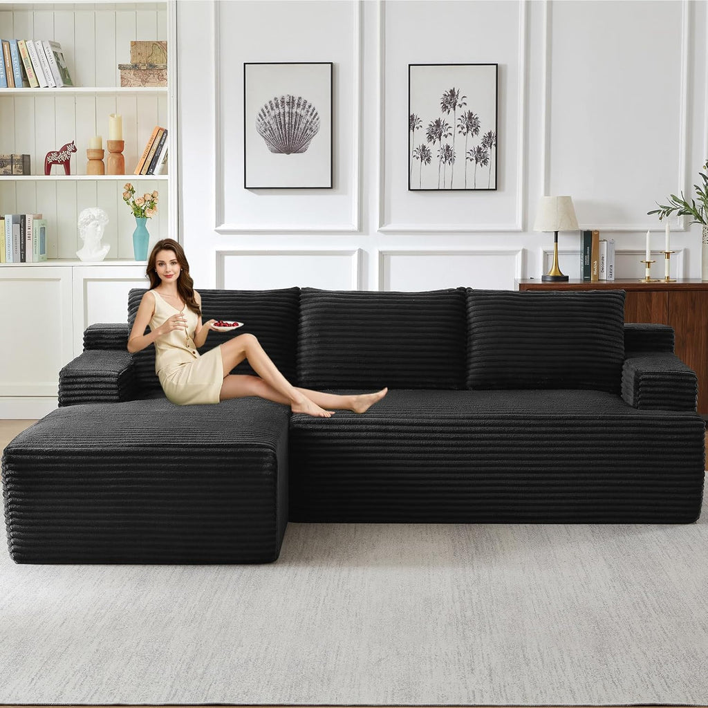 96" Modular Sectional Sofa Couches L-Shape Couch 3 Seat Modular Sofa Corduroy Memory Foam Sectional Boneless Couches for Living Room, Cloud Couch with Oversized Chaise(Black, Left Facing)