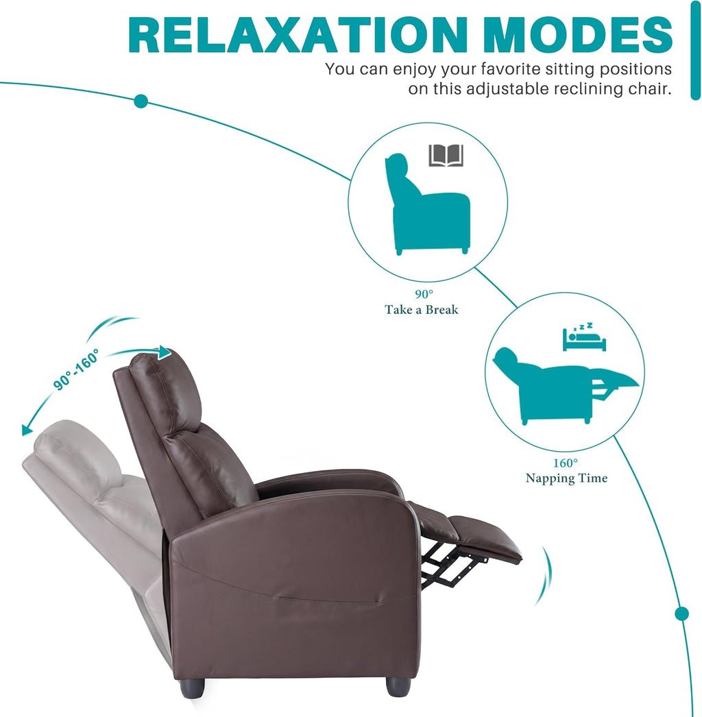 Sweetcrispy Recliner Chair PU Leather Recliner Sofa No Massage, Home Theater Seating with Lumbar Support, Adjustable Push Back Overstuffed High-Density Sponge Reclining for Living Room, Brown