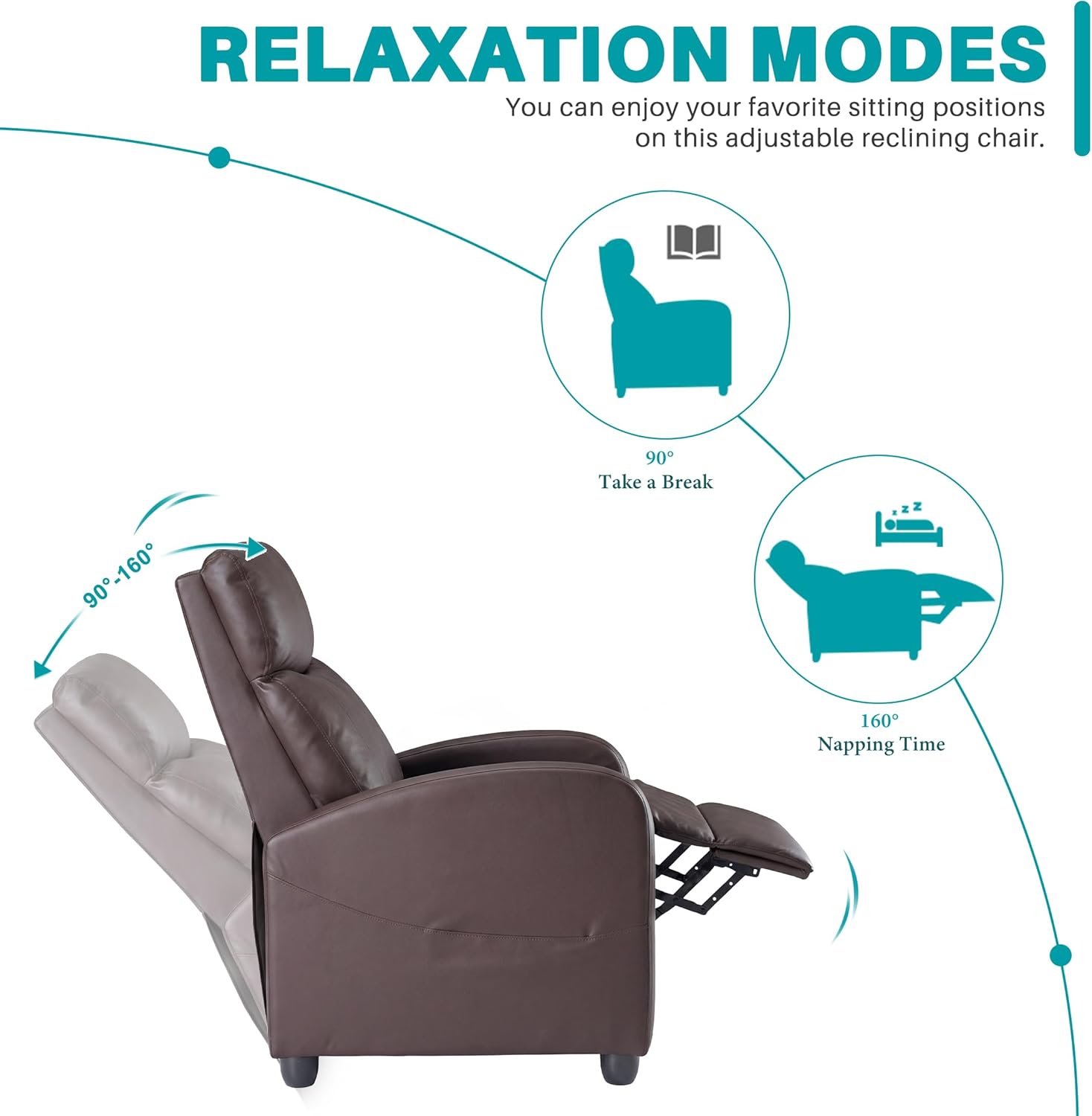 Sweetcrispy Recliner Chair PU Leather Recliner Sofa No Massage, Home Theater Seating with Lumbar Support, Adjustable Push Back Overstuffed High-Density Sponge Reclining for Living Room, Brown