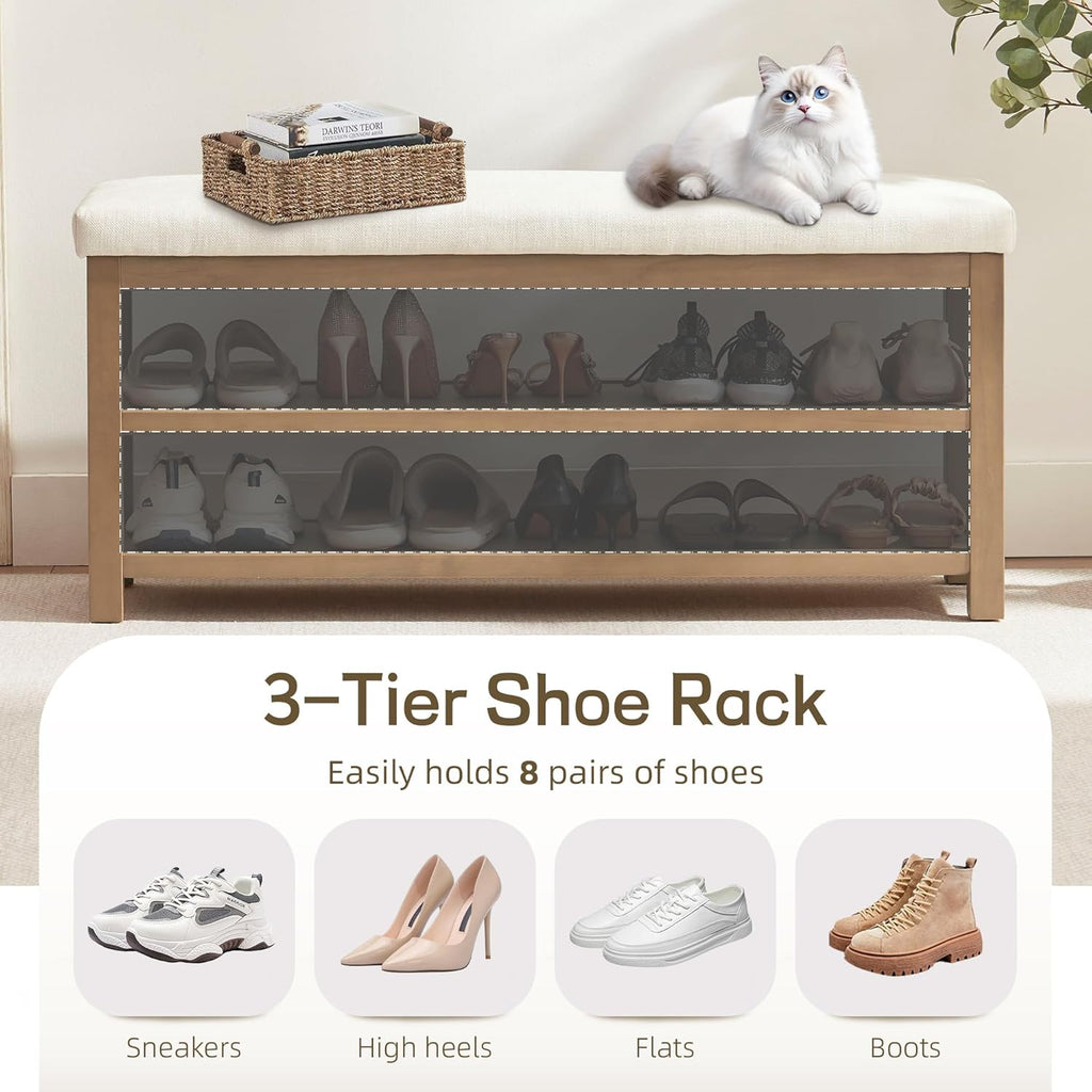 2 Tier Shoe Rack Bench with Cushion, Solid Wood Shoe Benches, Mid-Century Modern Shoe Storage Bench for Entryway, Hallway, Living Room, Closet, Front Door Entrance, (Beige, 39.4")