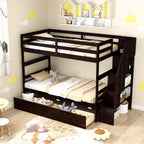KOMFOTT Wood Twin Over Twin Bunk Bed with Storage Drawers & Stairs, Bunk Beds with Bookcase & Safety Guardrail, Solid Wood Slatted Bunk Bed for Kids Teens Adults, No Box Spring Needed (Espresso)