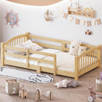 Merax Twin Montessori Floor Bed with Safety Guardrails – Solid Wood Kids Bed with Slats & Fence and Without Door, No Box Spring Needed, Natural