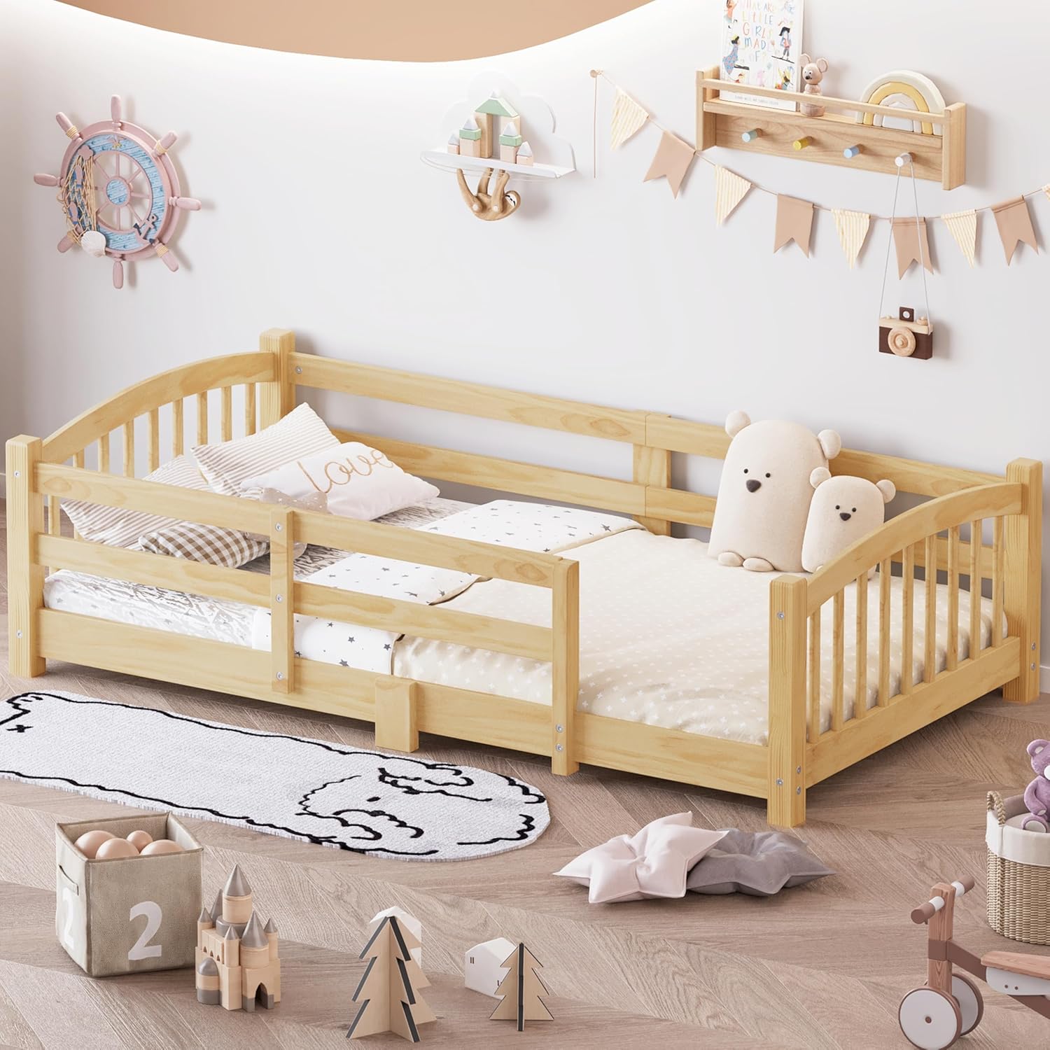 Merax Twin Montessori Floor Bed with Safety Guardrails – Solid Wood Kids Bed with Slats & Fence and Without Door, No Box Spring Needed, Natural