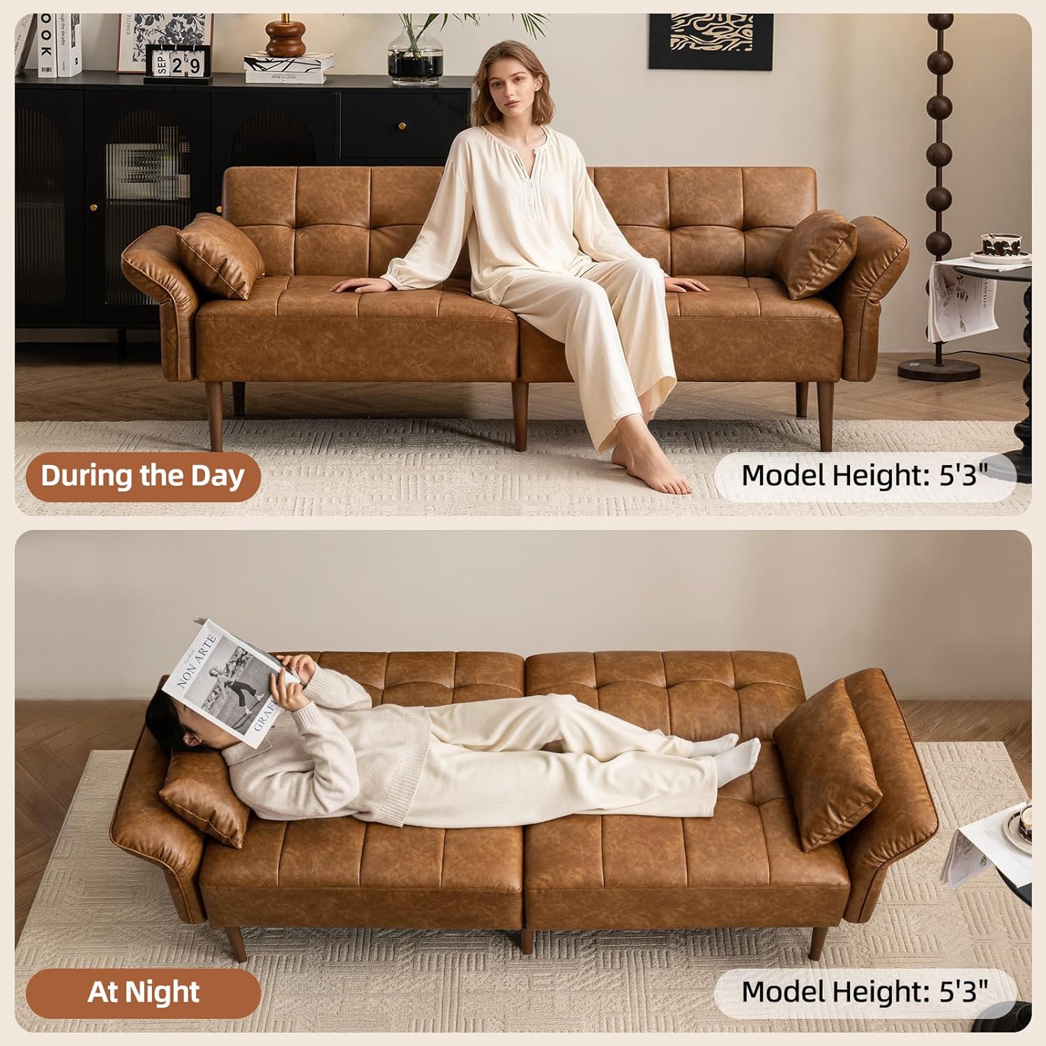 85” Futon Sofa Bed, Sleeper Sofa, Small Couch with Storage Adjustable Armrests Pillows, Faux Leather Loveseat, Mid Century Modern Couches for Living Room, Bedroom, Apartment, Brown