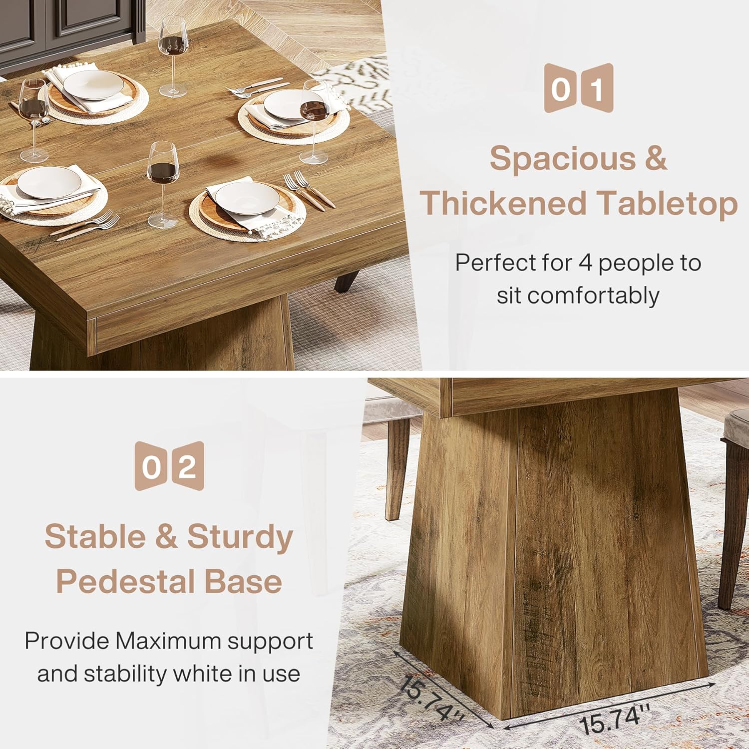 Tribesigns Square Dining Table for 4, 31.5-Inch Small Kitchen Table with Sturdy Pedestal Base, Farmhouse Dinner Table for Dining Room, Living Room, Kitchen, Brown